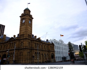 Hobart, Tasmania / Australia - 9th November 2018 - Post Office And White Building With Aboriginal Flag