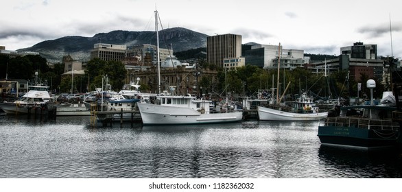 Hobart, Tasmania, Australia: March 07, 2015: Fishing boats moored at Victoria Dock in Hobart Port. Founded in 1804 as a penal colony, Hobart is Australia's second oldest capital city after Sydney.