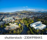 Hobart, Tasmania CBD under a beautiful snow capped Mount Wellington from the air