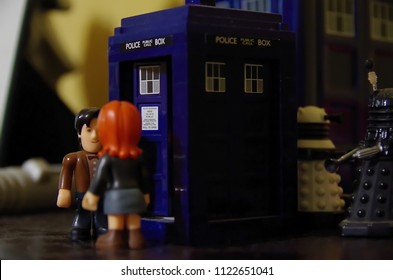 HOBART, TASMANIA - JUNE 23 2018: Doctor Who Figures Posed As If Performing A Dramatic Scene