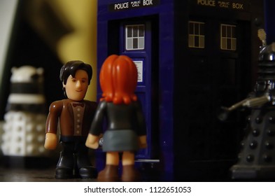 HOBART, TASMANIA - JUNE 23 2018: Doctor Who Figures Posed As If Performing A Dramatic Scene