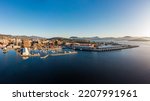 HOBART, TASMANIA - SEPTEMBER 14: View towards Mt Wellington over the wharf area and CBD in Hobart, Tasmania, Australia on September 14th 2022