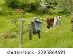 Hobbit clothes hang to dry in the green hills of the Shire