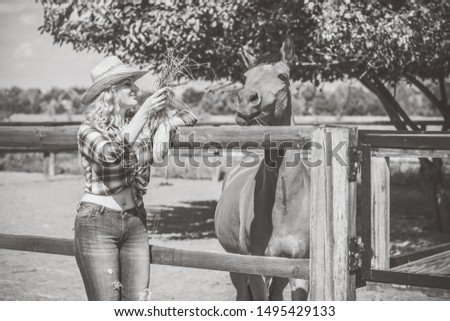 Hobby concept, woman with a horse on a horse farm. Human and animals friendship