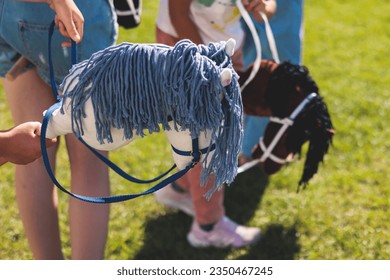 Hobby horsing competition on a green grass, hobby horse riders jumping, equestrian sport training with stick toy horses in a summer sunny day, equipment for hobbihorsing - Shutterstock ID 2350467245