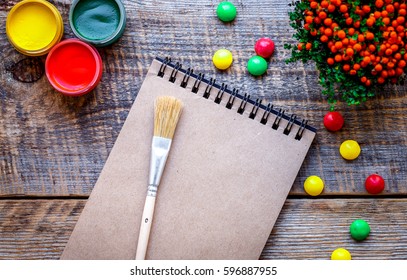 hobby painting - workplace with colored pencils, gouache jars - Powered by Shutterstock