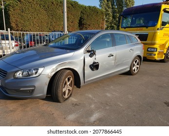 HOBOKEN, BELGIUM - Sep 18, 2018: A Blue Volvo V60 Car After The Car Crash Accident