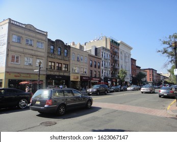 Hoboken, NJ - August 23 2012: Streetscape Of Washington Street In Downtown Hoboken