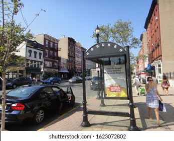 Hoboken, NJ - August 23 2012: A Bus Shelter On Washington Street In Downtown Hoboken