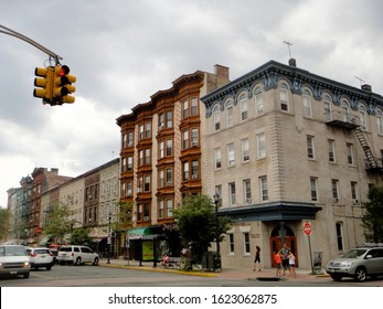 Hoboken, NJ - July 27 2013: Streetscape Of Washington Street In Downtown Hoboken