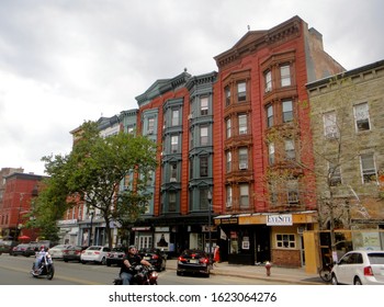 Hoboken, NJ - July 27 2013: Streetscape Of Washington Street In Downtown Hoboken