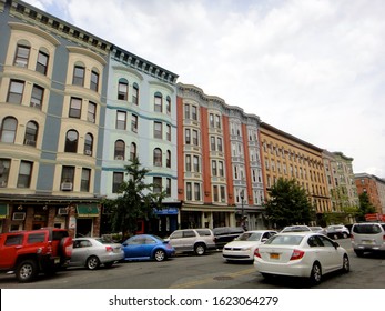 Hoboken, NJ - July 27 2013: Streetscape Of Washington Street In Downtown Hoboken