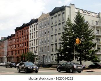 Hoboken, NJ - July 27 2013: Streetscape Of Washington Street In Downtown Hoboken