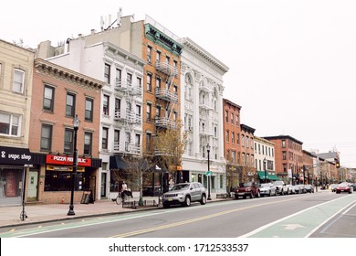 Hoboken,  NJ, United States, April 20 2020 :J: Buildings And Empty Washington Street With Only A Few Cars