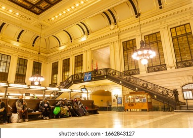 Hoboken, NJ / United States - March 3, 2020: Landscape View Of The Interior Of The Historic Hoboken Terminal.  Built In 1907, It Is A Major Transit Hub, Connecting Rail, Light Rail, Bus And Ferries