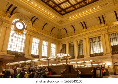 Hoboken, NJ / United States - March 3, 2020: Landscape View Of The Interior Of The Historic Hoboken Terminal.  Built In 1907, It Is A Major Transit Hub, Connecting Rail, Light Rail, Bus And Ferries