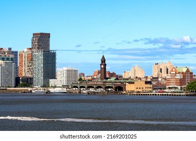 Hoboken, NJ - USA - June 18, 2022 A Landscape View Of The Historic Hoboken Terminal, NY Waterway-operated Ferries And The Skyline Of Hoboken's Waterfront.