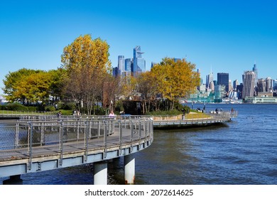 Hoboken, NJ, USA - November 10, 2021: Pier C Park On The Hudson River.