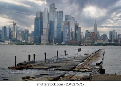 Hoboken, NJ, USA - September 17, 2021: Destroyed Pier And A View Of The Hudson Yards.