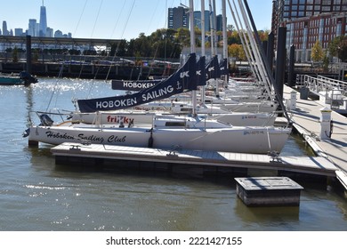 Hoboken, NJ, USA, September 29, 2022, Pier With Boats And Sailing Yachts