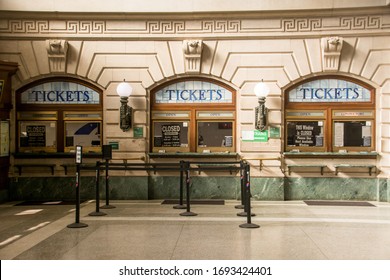 Hoboken, United States - April 1st, 2020: The Lackawana train station ticketing area can be seen empty during the Corona Virus Pandemic