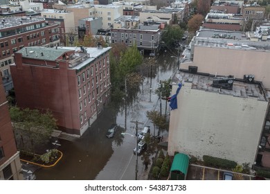 Hoboken, USA - November Circa 2012: New York After Sandy The Hurricane. Flooded Street Of Hoboken.