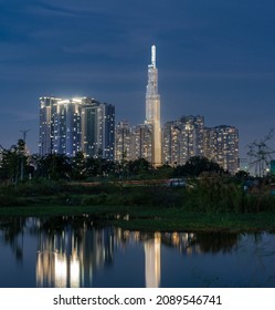 HOCHIMINH CITY, VIETNAM - DECEMBER 1, 2021: At Night See Landmark 81 With Blue Hour