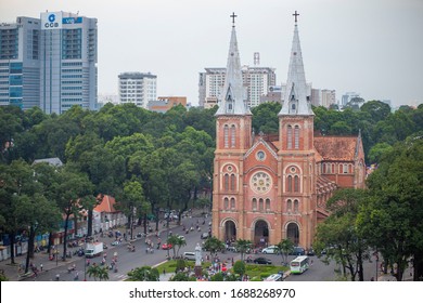 Hochiminh city , Vietnam - December  17, 2019: Notre Dame Cathedral ( Duc Ba Church) in Saigon , Vietnam. Notre Dame Cathedral, Nha Tho Duc Ba, build in 1883 .