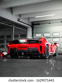 Hockenheim, Germany - 10 25 2019: Ferrari 488 Pista In The Garage Of A Racetrack. 