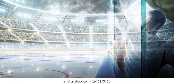 Hockey fans. Man waving flag. Group of fans cheer for their team victory on a stadium bleachers. Hockey arena