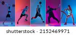 Hockey, fitness, basketball. Set of images of professional sportsmen in sports uniform isolated on multicolored background in neon light. Ad, sport, active lifestyle, competition, challenges concept