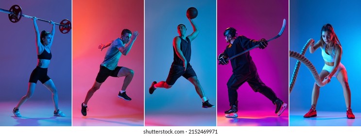 Hockey, fitness, basketball. Set of images of professional sportsmen in sports uniform isolated on multicolored background in neon light. Ad, sport, active lifestyle, competition, challenges concept - Shutterstock ID 2152469971