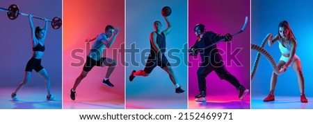 Hockey, fitness, basketball. Set of images of professional sportsmen in sports uniform isolated on multicolored background in neon light. Ad, sport, active lifestyle, competition, challenges concept