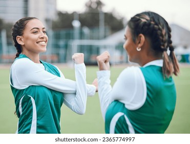 Hockey, fitness and women stretching in team training, practice or sports workout exercise on turf. Teamwork, smile or happy female athlete with flexibility ready to start a game in warm up together - Powered by Shutterstock