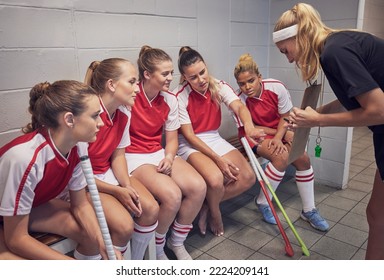 Hockey, girl team and coach with strategy, sports game and teamwork with coaching and planning for game. Fitness, exercise and young female athlete, workout and training for field sport and active. - Powered by Shutterstock