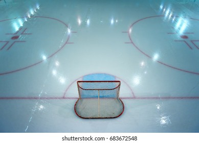 Hockey Goal On Ice Rink. View From Above.