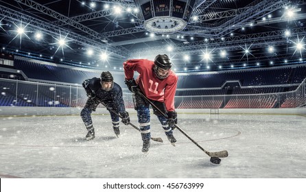 Hockey match at rink   . Mixed media