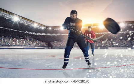 Hockey match at rink  . Mixed media