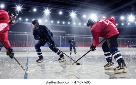 Hockey match at rink  . Mixed media