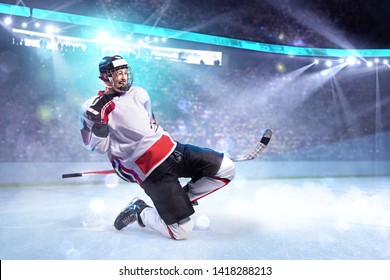 Hockey Player Celebrate Goal. He Very Happy Around Ice Rink Arena