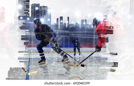 Hockey players on ice. Mixed media