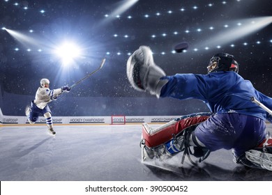 Hockey players shoots the puck and attacks