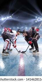 Hockey players starts game. around Ice rink arena 