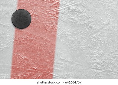 Hockey Puck And Red Line. Fragment, Hockey, Concept