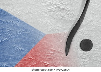 Hockey Puck, Stick And The Image Of The Czech Flag On The Ice. Concept, Hockey