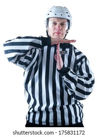 Hockey Referee Demonstrate Timeout Gesture. On The White Background