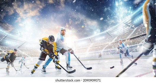 Hockey Stadium. Ice Hockey Arena. Night Stadium Under The Moon With Lights, Fans And Flags