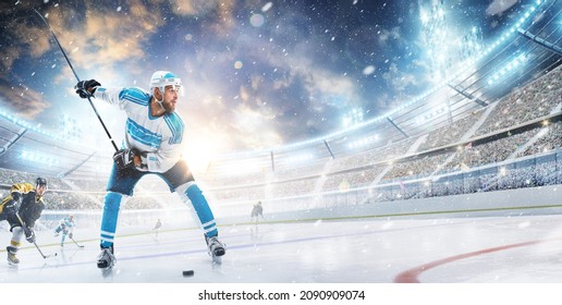 Hockey Stadium. Ice Hockey Arena. Night Stadium Under The Moon With Lights, Fans And Flags