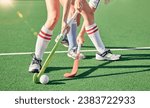 Hockey stick, hockey ball and turf competition, sports games and challenge on grass field, pitch and outdoor. Women team, field hockey players and contest, action and sport training on stadium arena