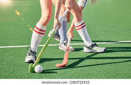 Hockey stick, hockey ball and turf competition, sports games and challenge on grass field, pitch and outdoor. Women team, field hockey players and contest, action and sport training on stadium arena - Powered by Shutterstock